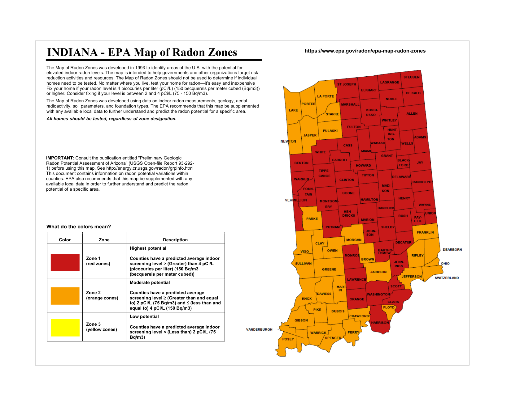 Indiana EPA Radon Zone Map